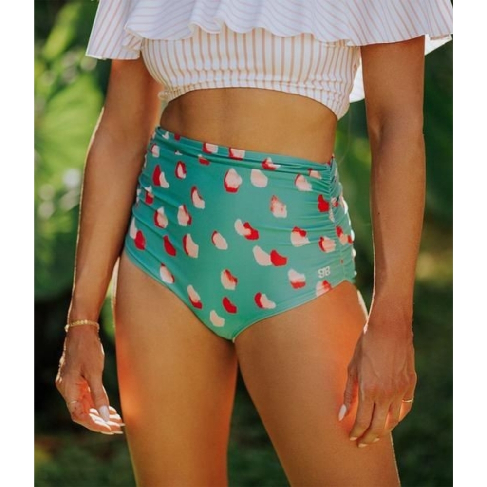 Albion Green Bungalow Ruched High Waisted Bikini Swimsuit Bottoms